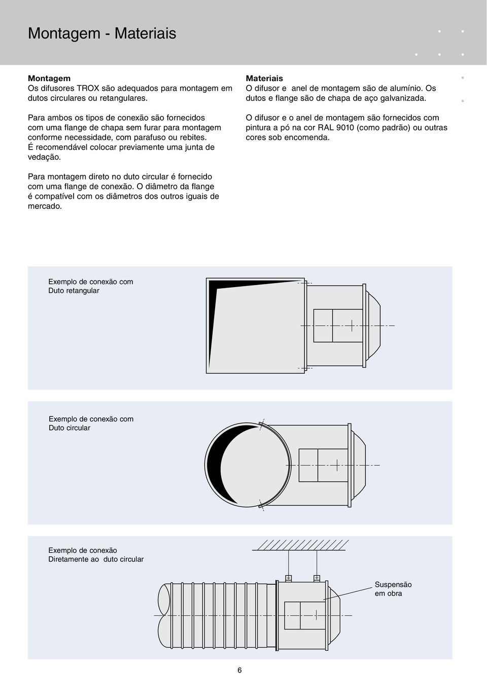 Materiais O difusor e anel de montagem são de alumínio. Os dutos e flange são de chapa de aço galvanizada.