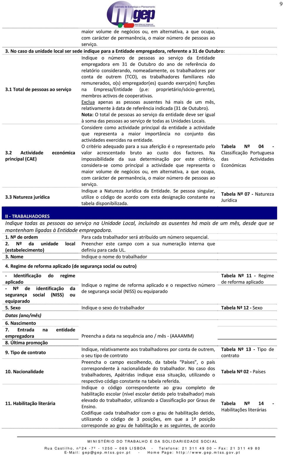 do relatório considerando, nomeadamente, os trabalhadores por conta de outrem (TCO), os trabalhadores familiares não remunerados, o(s) empregador(es) quando exerça(m) funções 3.