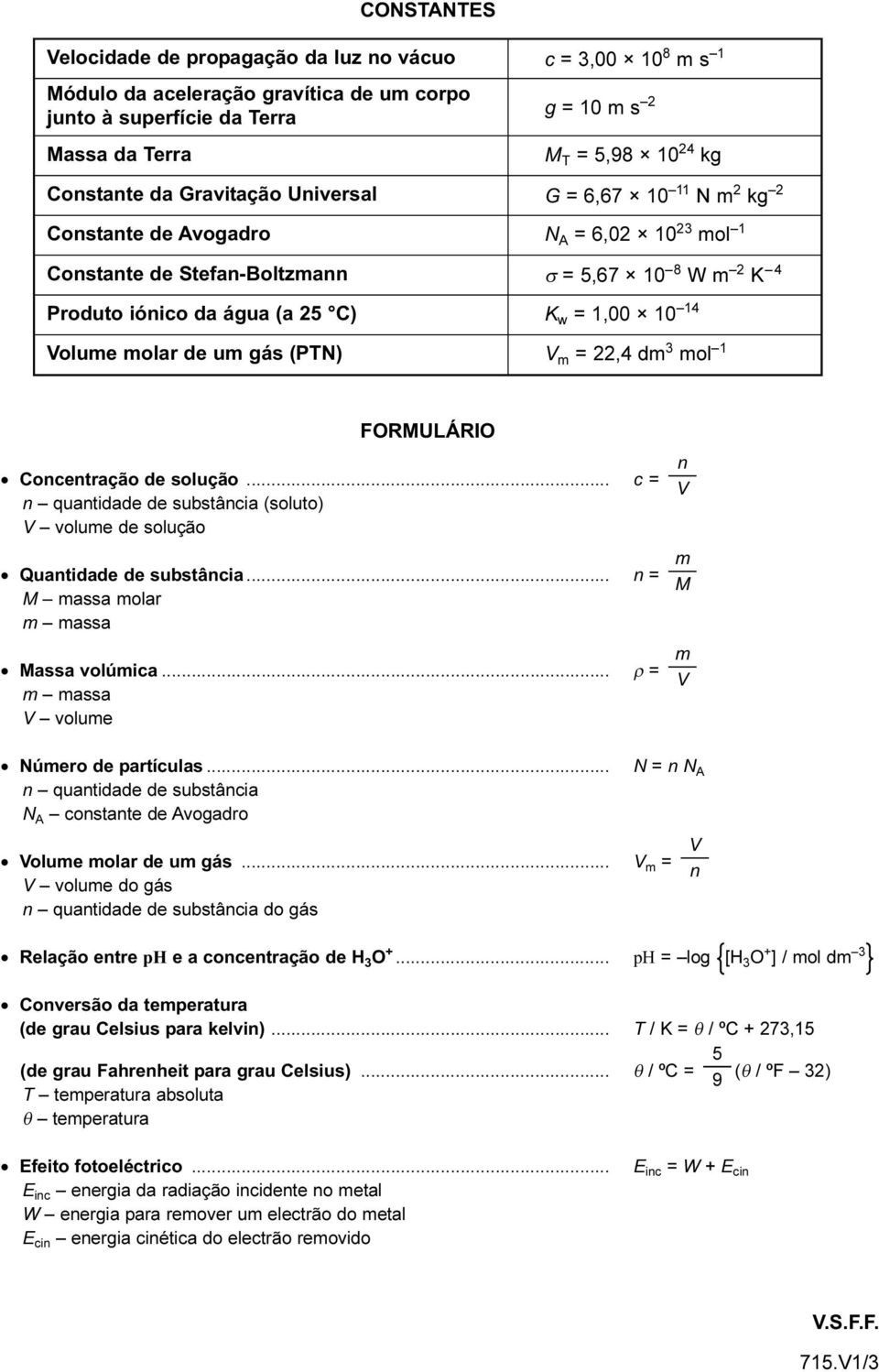 1,00 10 14 Volume molar de um gás (PTN) V m = 22,4 dm 3 mol 1 FORMULÁRIO Concentração de solução... c = n quantidade de substância (soluto) V volume de solução Quantidade de substância.