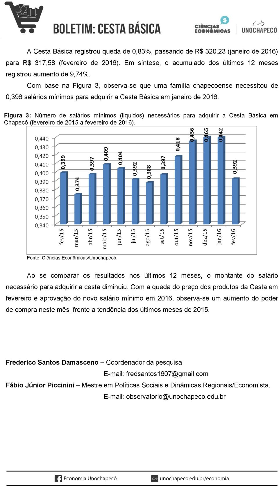 Figura 3: Número de salários mínimos (líquidos) necessários para adquirir a Cesta Básica em Chapecó (fevereiro de 2015 a fevereiro de 2016).