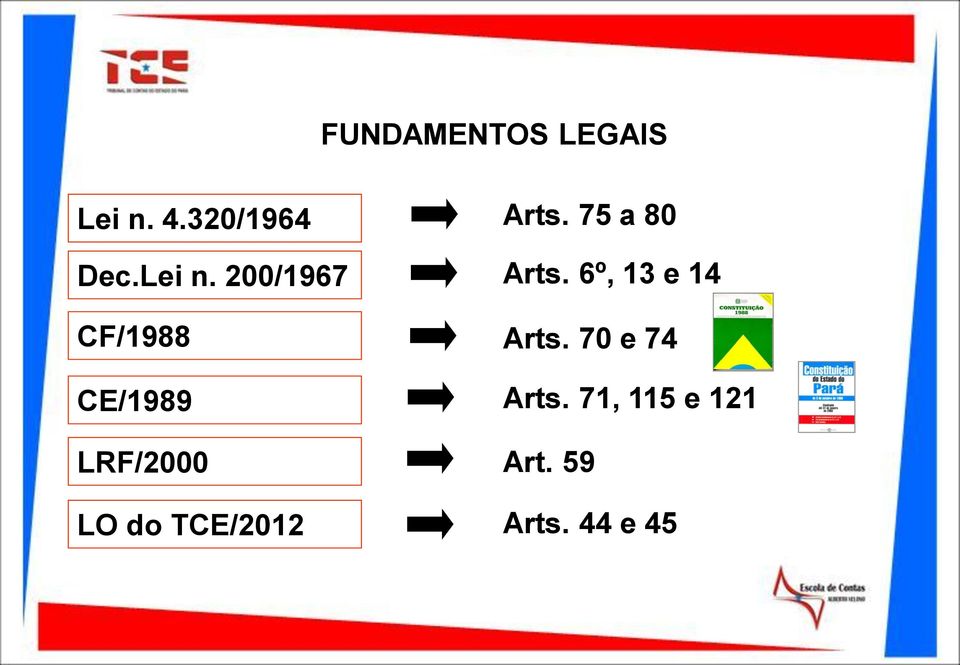 75 a 80 Arts. 6º, 13 e 14 Arts. 70 e 74 Arts.