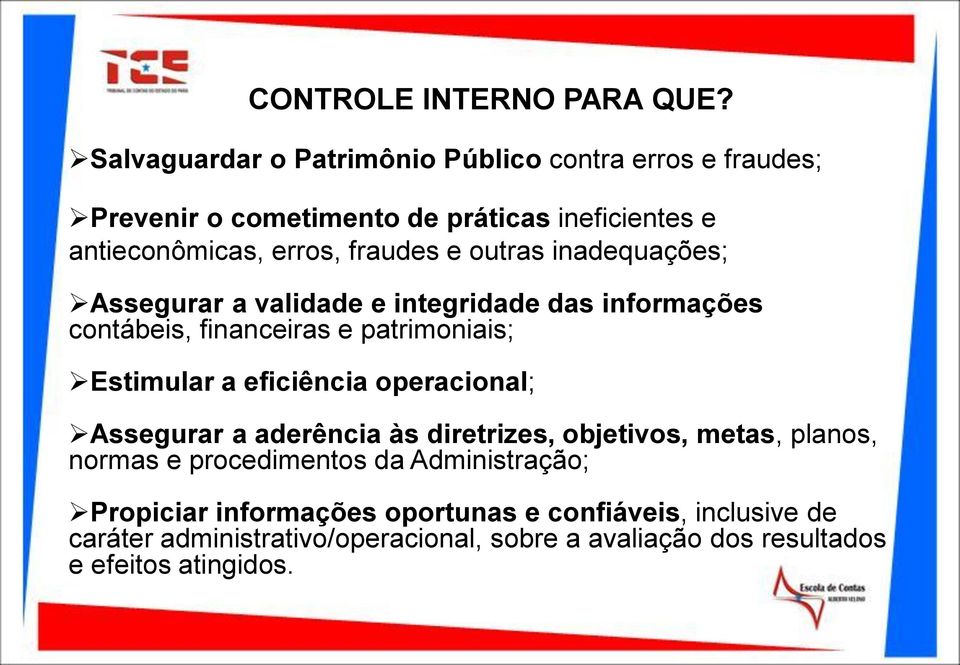 outras inadequações; Assegurar a validade e integridade das informações contábeis, financeiras e patrimoniais; Estimular a eficiência