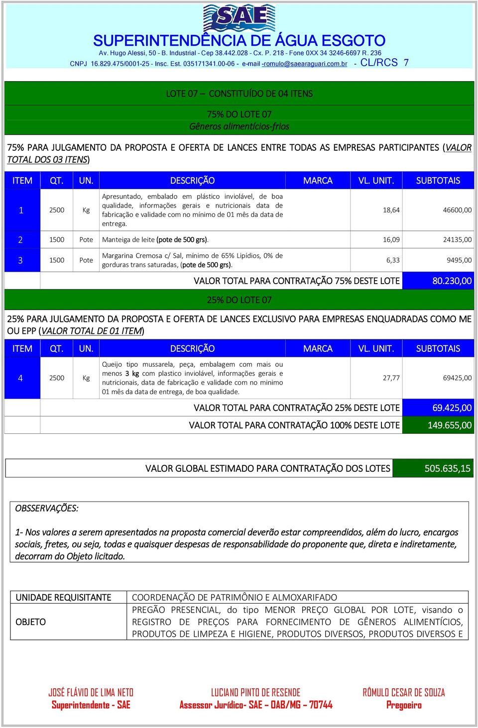 ITENS) 1 2500 Kg Apresuntado, embalado em plástico inviolável, de boa qualidade, informações gerais e nutricionais data de fabricação e validade com no mínimo de 01 mês da data de entrega.