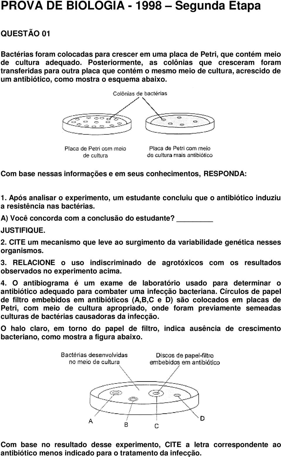 Com base nessas informações e em seus conhecimentos, RESPONDA: 1. Após analisar o experimento, um estudante concluiu que o antibiótico induziu a resistência nas bactérias.