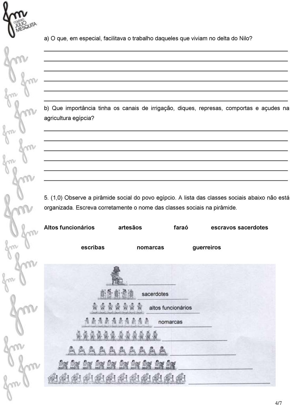 (1,0) Observe a pirâmide social do povo egípcio. A lista das classes sociais abaixo não está organizada.