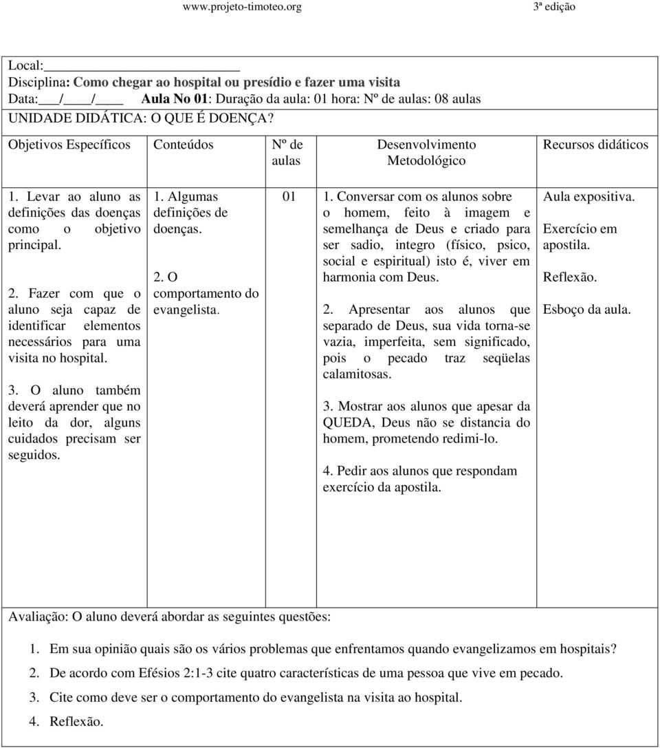 Algumas definições de doenças. 2. O comportamento do evangelista. 01 1.