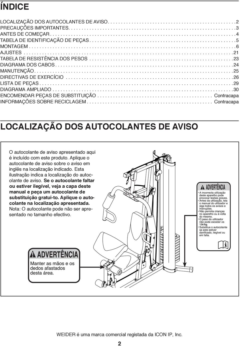 ..21 TABELA DE RESISTÊNCIA DOS PESOS...23 DIAGRAMA DOS CABOS....................................................................24 MANUTENÇÃO............................................................................25 DIRECTIVAS DE EXERCÍCIO.