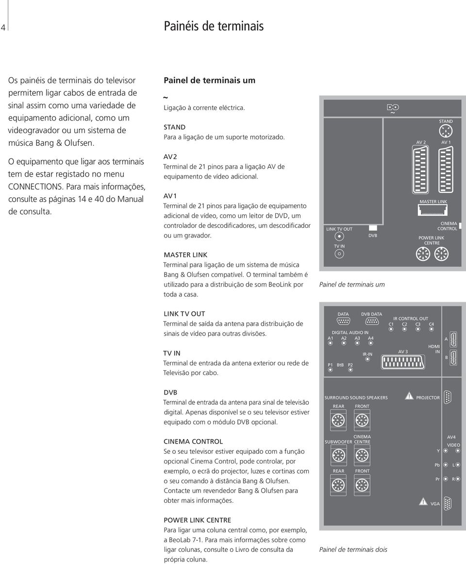 AV 2 STAND AV 1 O equipamento que ligar aos terminais tem de estar registado no menu CONNECTIONS. Para mais informações, consulte as páginas 14 e 40 do Manual de consulta.