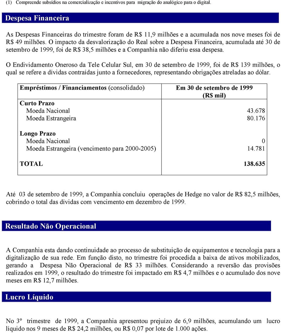 O impacto da desvalorização do Real sobre a Despesa Financeira, acumulada até 30 de setembro de 1999, foi de R$ 38,5 milhões e a Companhia não diferiu essa despesa.