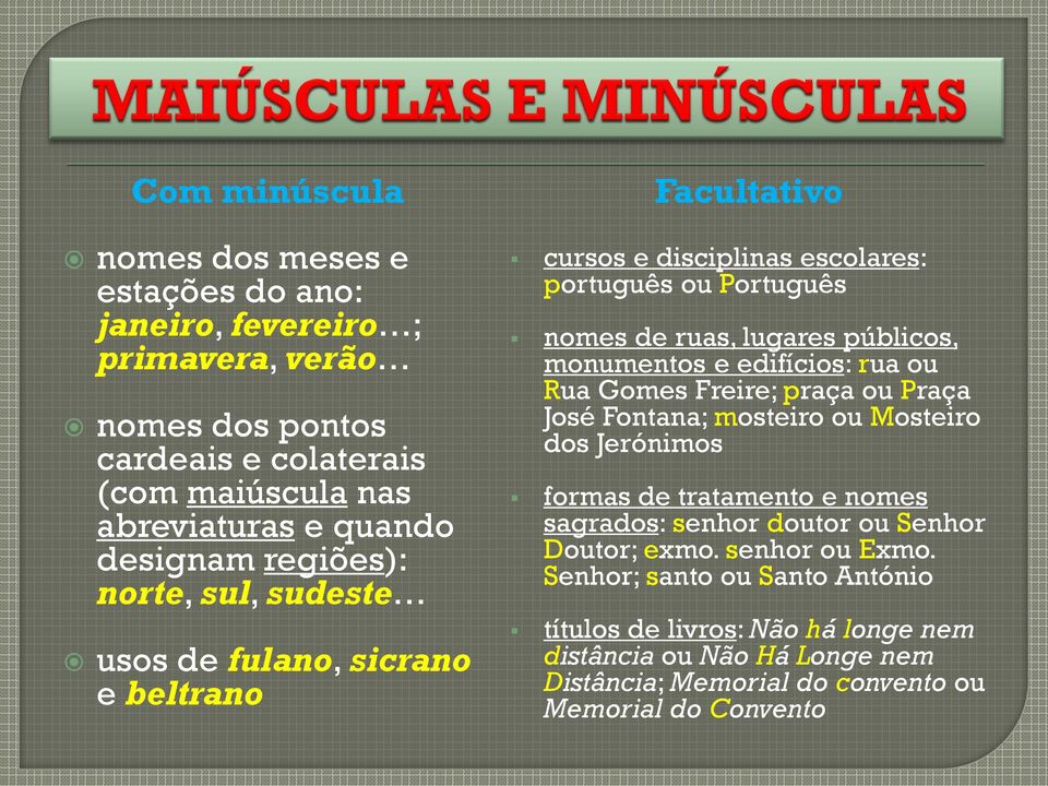 monumentos e edifícios: rua ou Rua Gomes Freire; praça ou Praça José Fontana; mosteiro ou Mosteiro dos Jerónimos formas de tratamento e nomes sagrados: senhor doutor ou