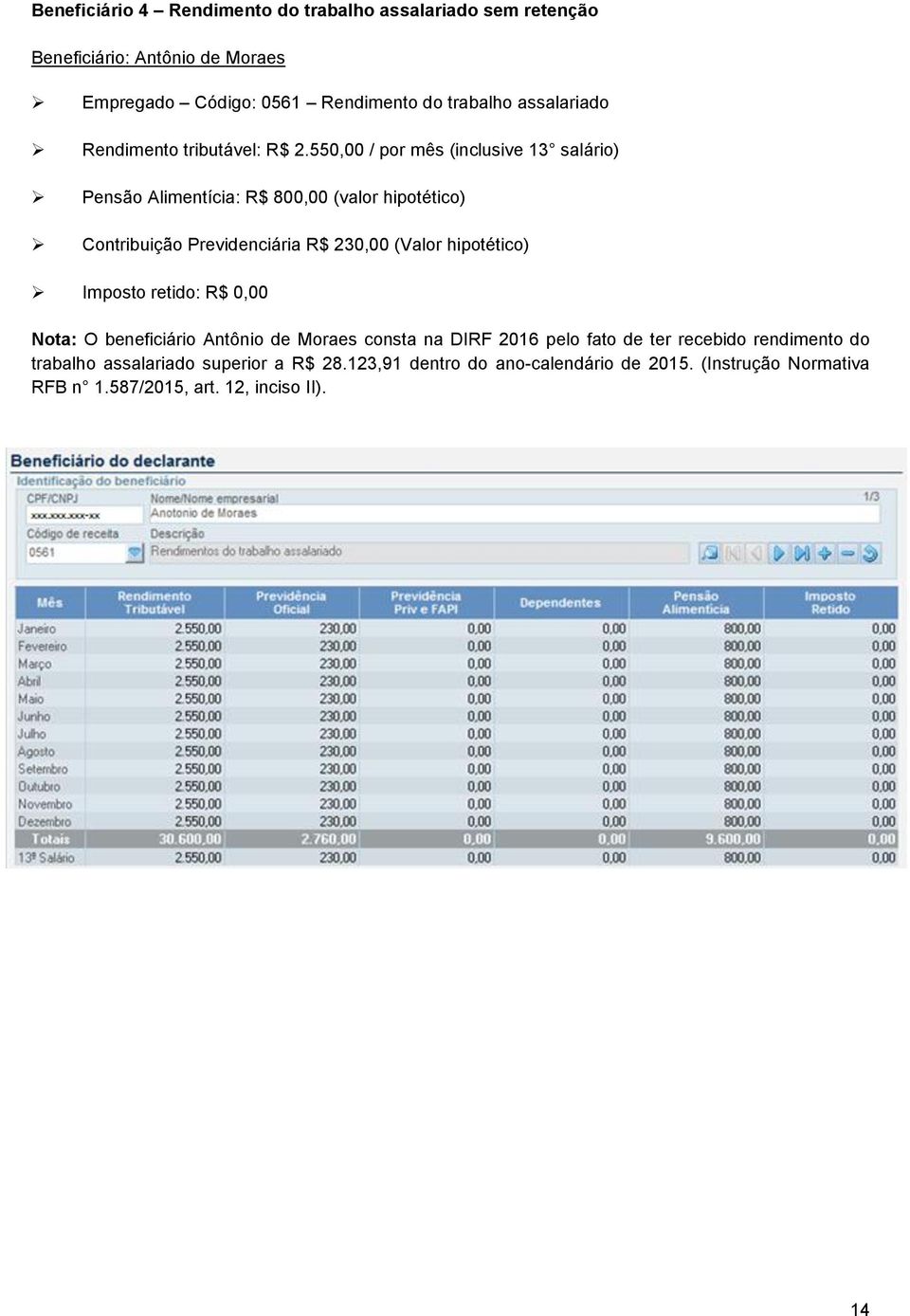 550,00 / por mês (inclusive 13 salário) Pensão Alimentícia: R$ 800,00 (valor hipotético) Contribuição Previdenciária R$ 230,00 (Valor hipotético)