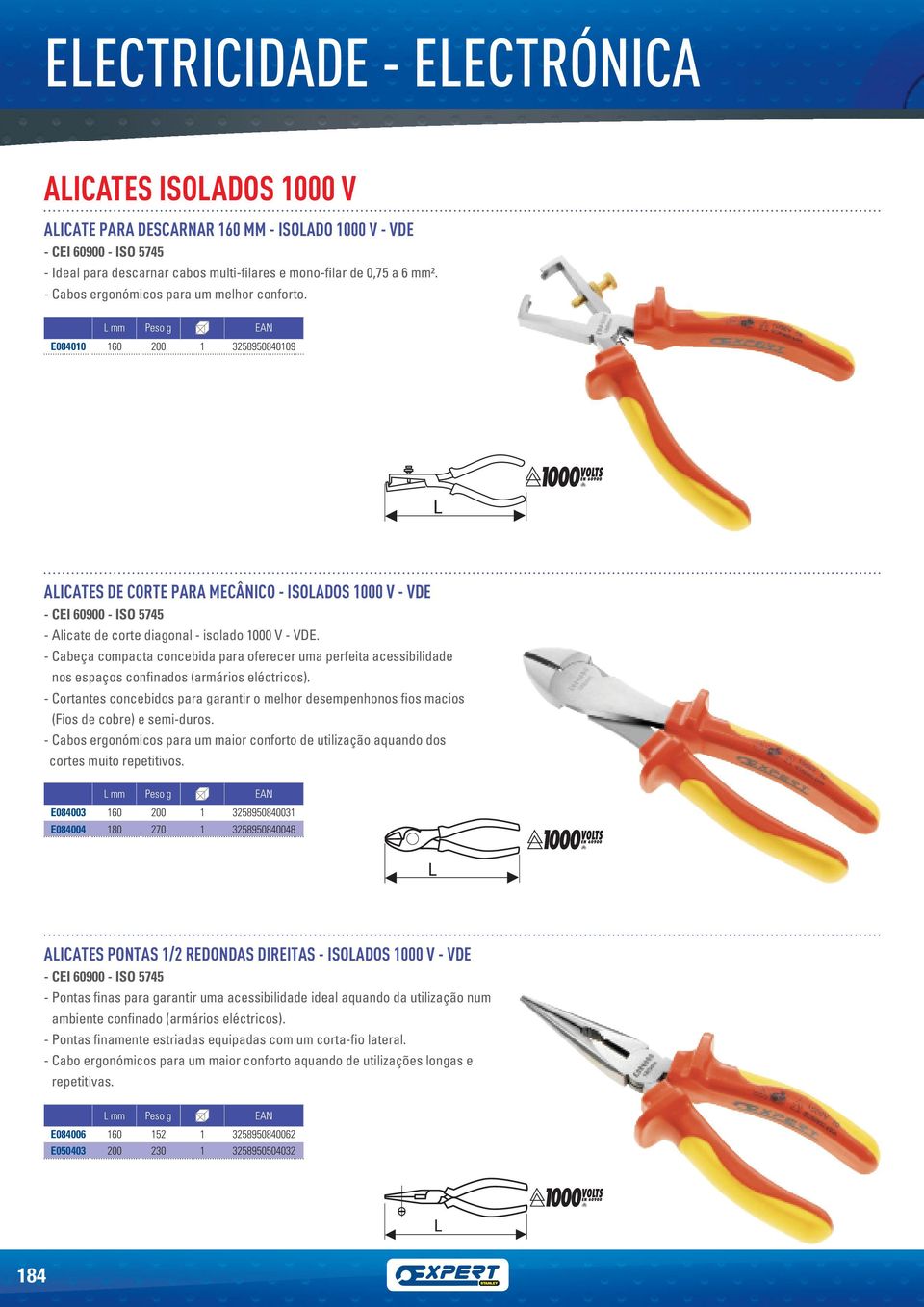 E084010 160 200 1 3258950840109 AICATES DE CORTE PARA MECÂNICO - ISOADOS 1000 V - VDE - CEI 60900 - ISO 5745 - Alicate de corte diagonal - isolado 1000 V - VDE.