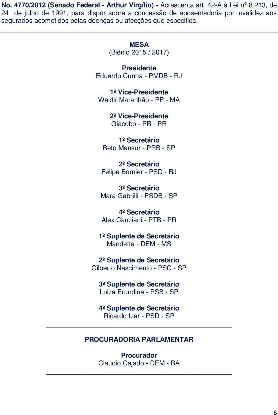 MESA (Biênio 2015 / 2017) Presidente Eduardo Cunha - PMDB - RJ 1º Vice-Presidente Waldir Maranhão - PP - MA 2º Vice-Presidente Giacobo - PR - PR 1º Secretário Beto Mansur - PRB - SP 2º Secretário