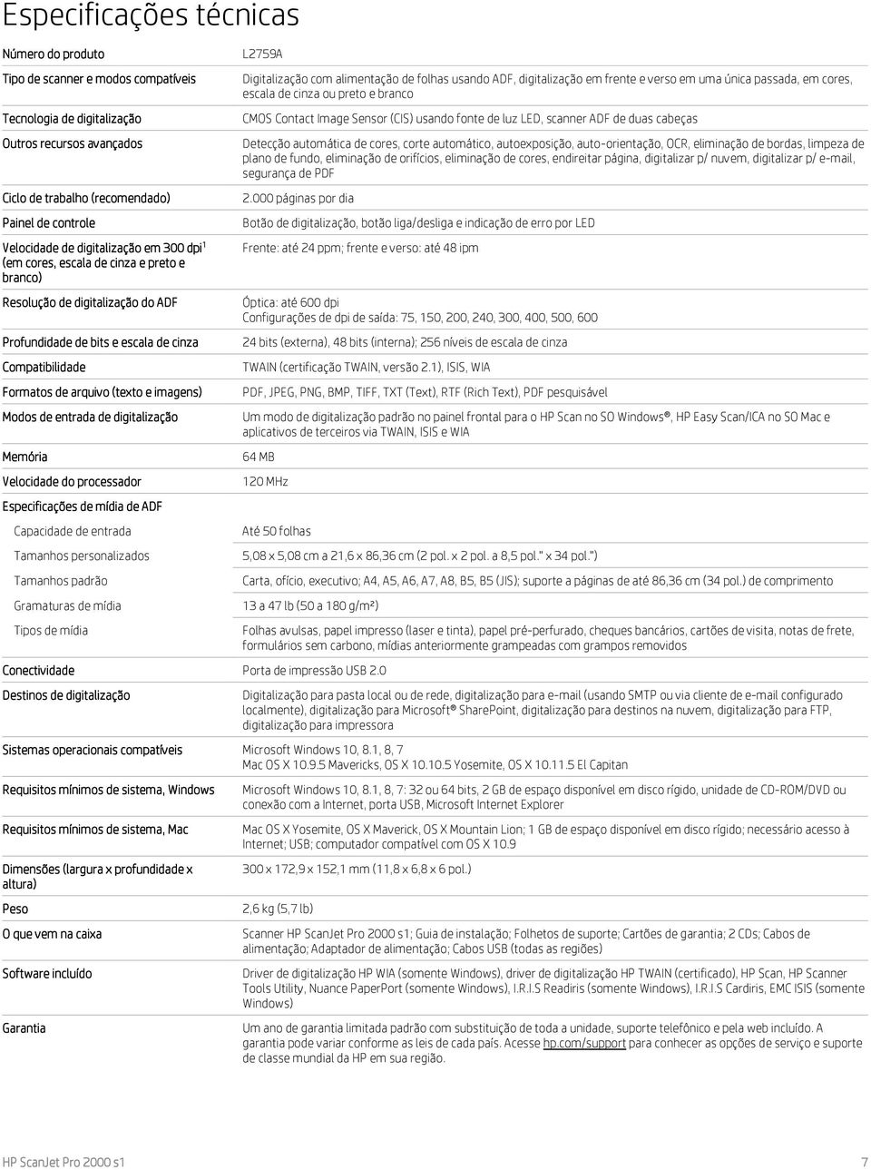 Modos de entrada de digitalização Memória Velocidade do processador Especificações de mídia de ADF Capacidade de entrada Tamanhos personalizados Tamanhos padrão Gramaturas de mídia Tipos de mídia