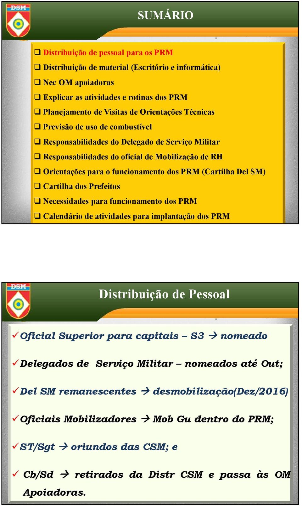 Cartilha dos Prefeitos Necessidades para funcionamento dos PRM Calendário de atividades para implantação dos PRM Distribuição de Pessoal Oficial Superior para capitais S3 nomeado Delegados de