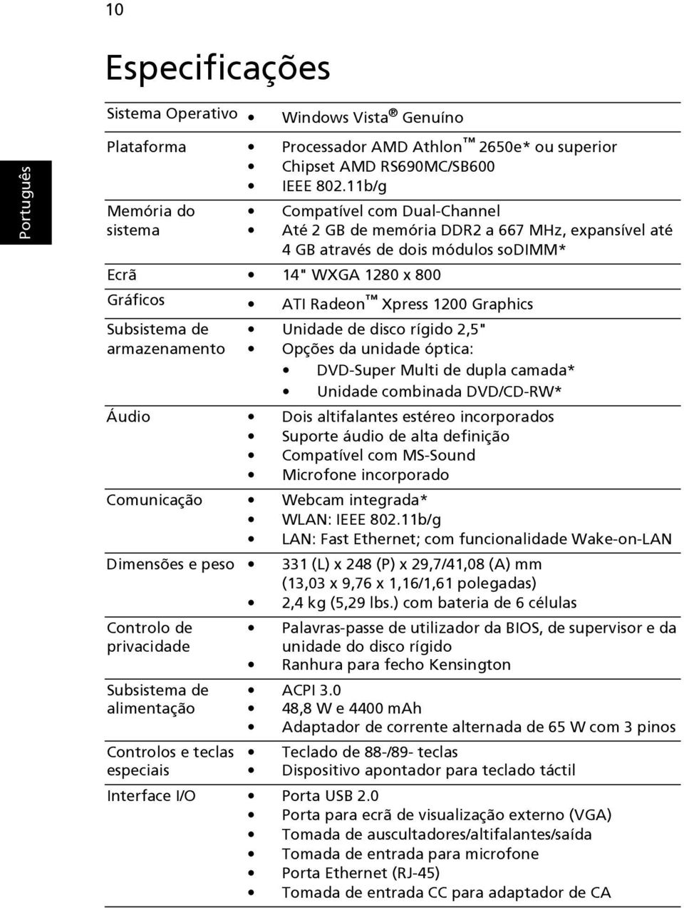 Graphics Subsistema de armazenamento Unidade de disco rígido 2,5" Opções da unidade óptica: DVD-Super Multi de dupla camada* Unidade combinada DVD/CD-RW* Áudio Dois altifalantes estéreo incorporados