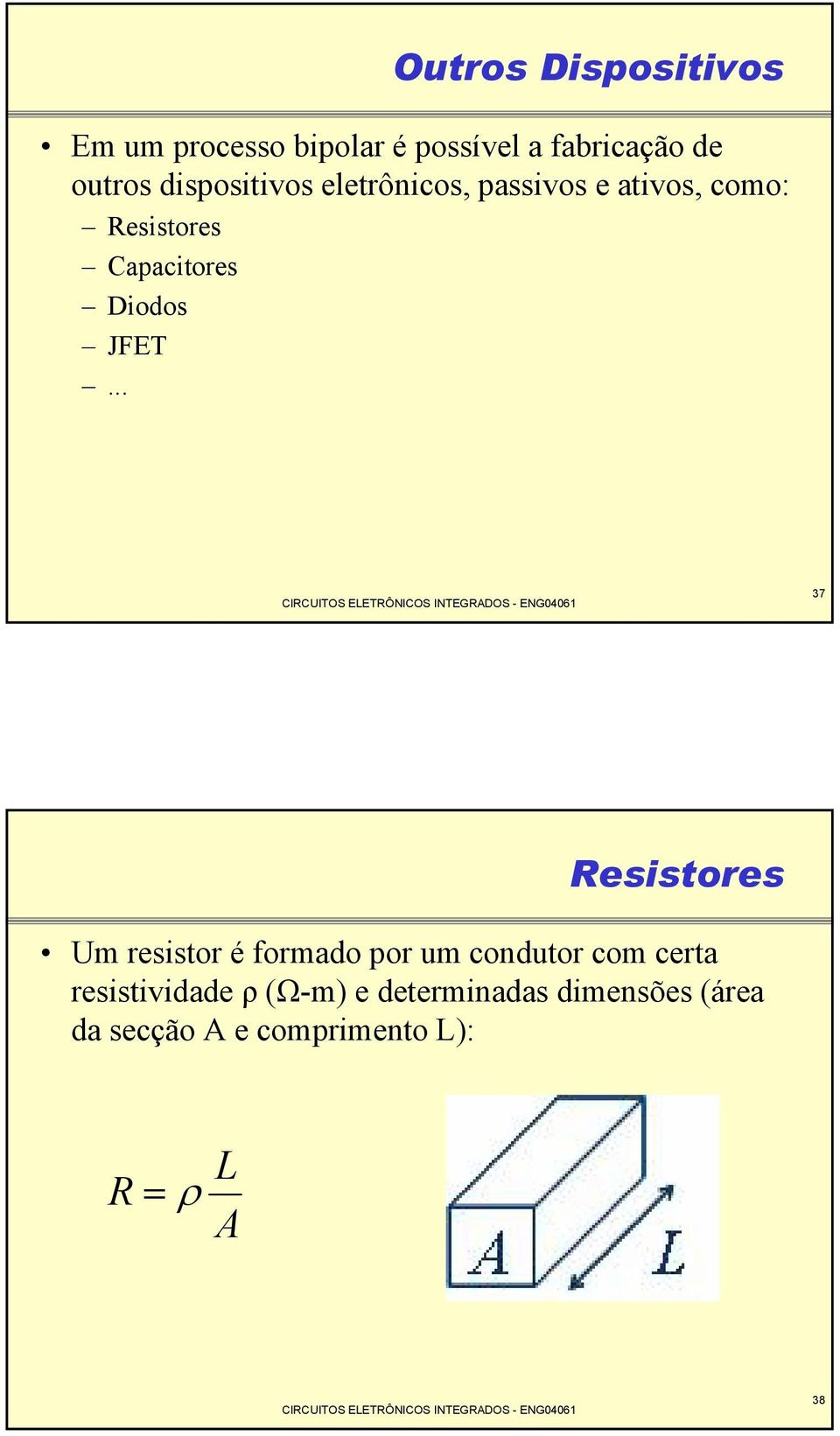 JFET... 37 Resistores Um resistor é formado por um condutor com certa