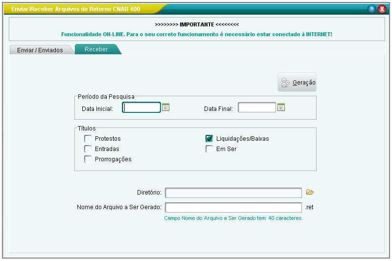 Caso o usuário clique no botão Não, o sistema retornará para a tela Enviar/Receber Arquivos de Retorno CNAB 400.