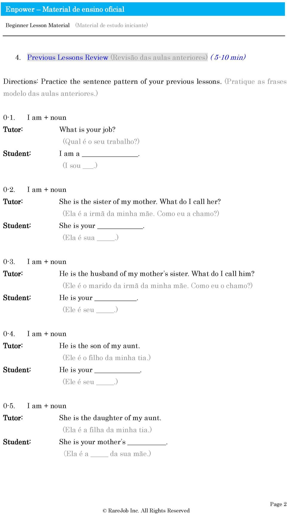 ) She is your. (Ela é sua.) 0-3. I am + noun He is the husband of my mother s sister. What do I call him? (Ele é o marido da irmã da minha mãe. Como eu o chamo?) He is your. (Ele é seu.) 0-4.