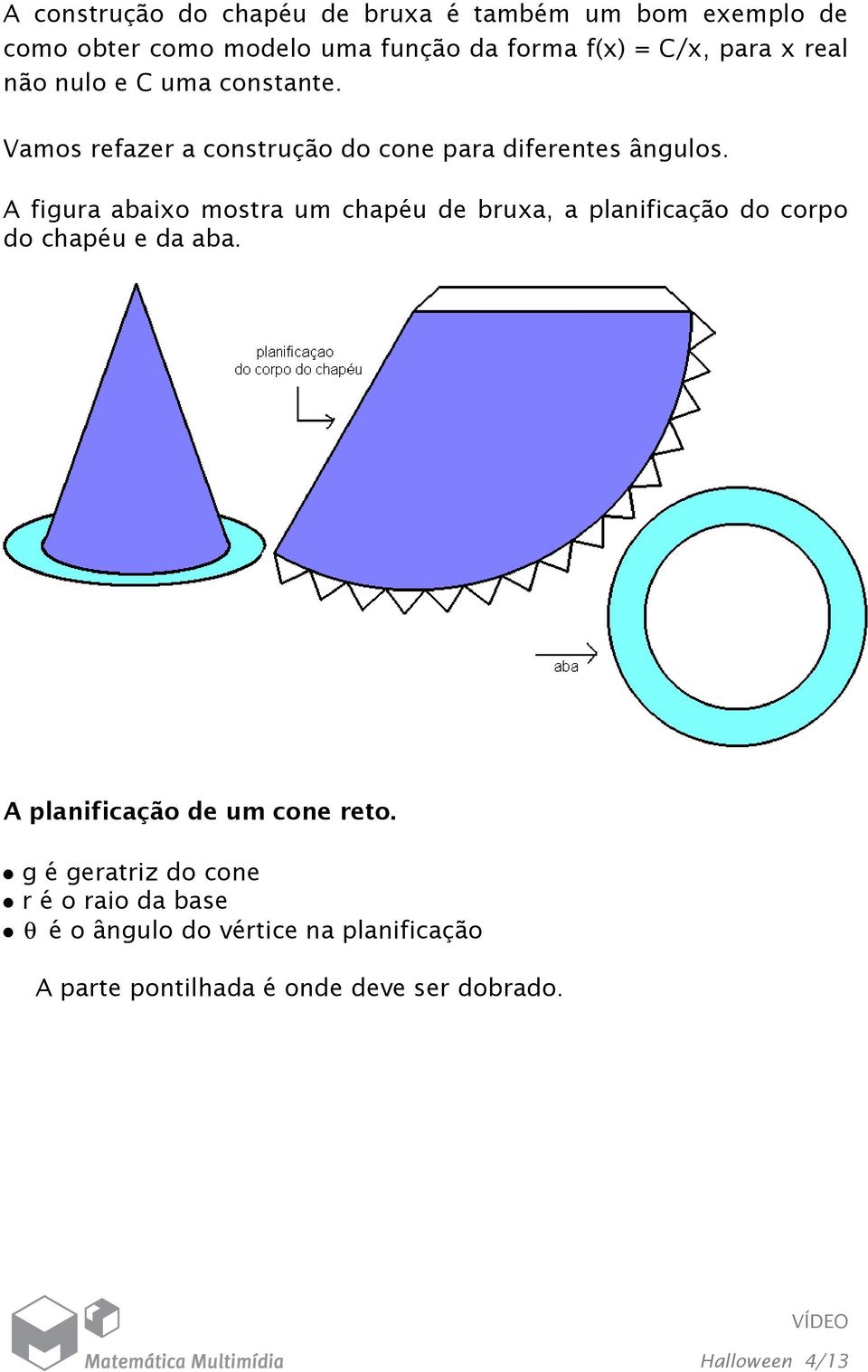 A figura abaio mostra um chapéu de brua, a planificação do corpo do chapéu e da aba. A planificação de um cone reto.