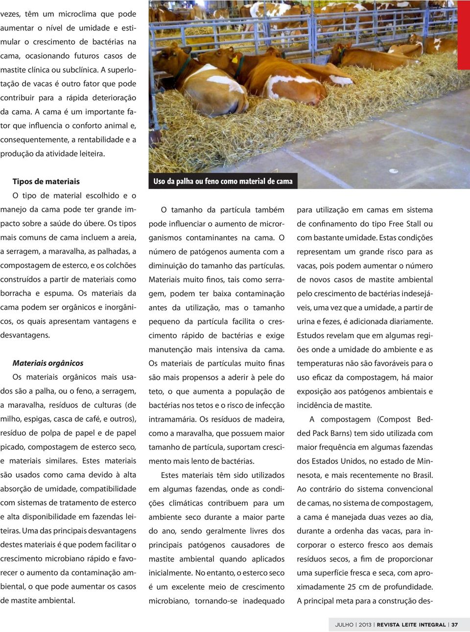 A cama é um importante fator que influencia o conforto animal e, consequentemente, a rentabilidade e a produção da atividade leiteira.