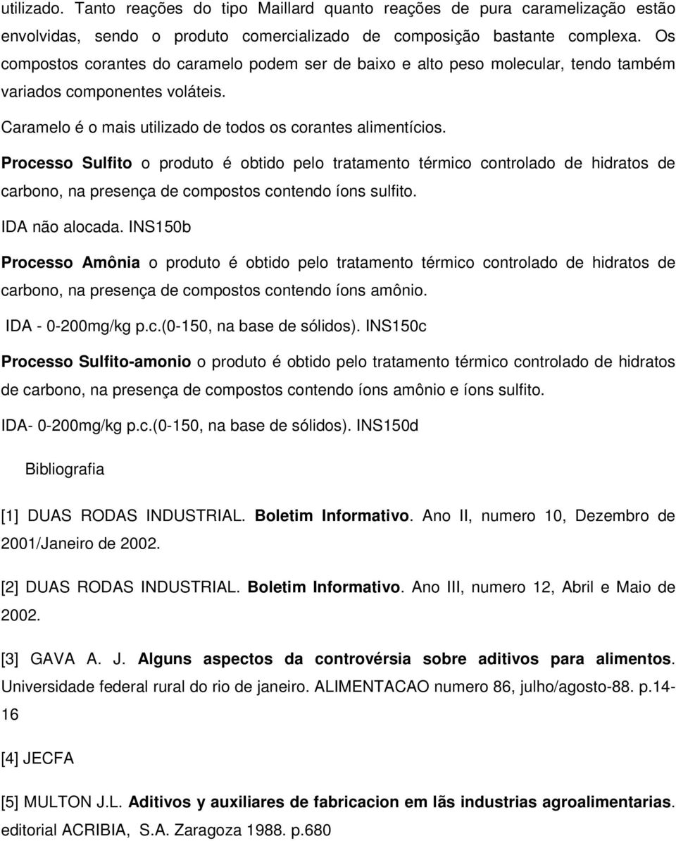 Processo Sulfito o produto é obtido pelo tratamento térmico controlado de hidratos de carbono, na presença de compostos contendo íons sulfito. IDA não alocada.