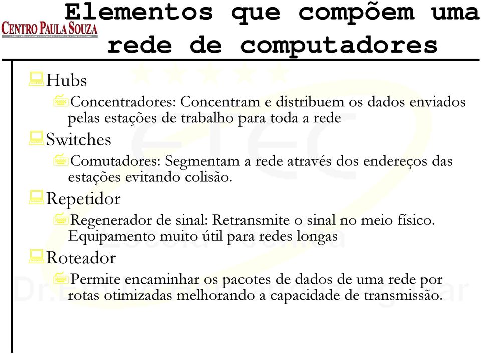 evitando colisão. Repetidor Regenerador de sinal: Retransmite o sinal no meio físico.