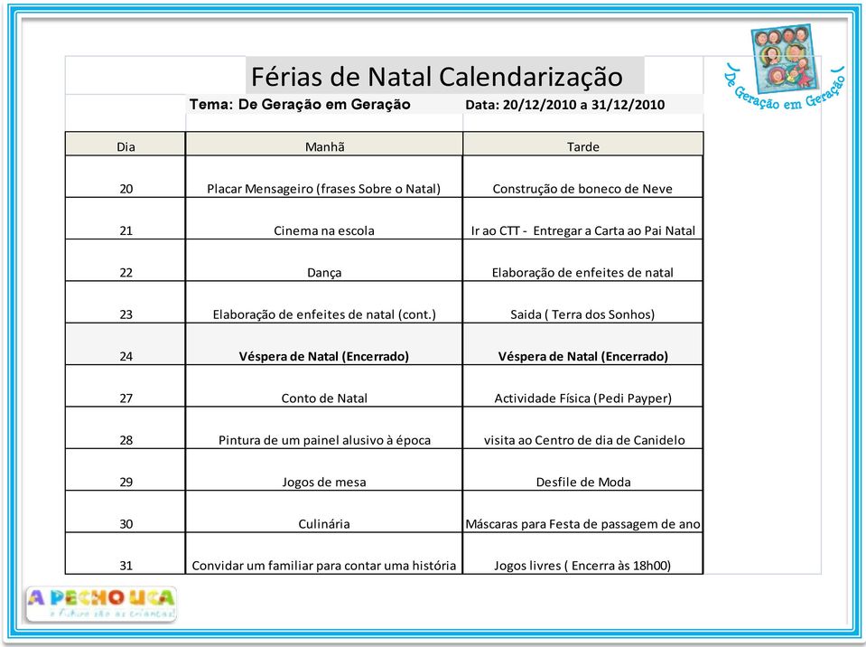 ) Saida ( Terra dos Sonhos) 24 Véspera de Natal (Encerrado) Véspera de Natal (Encerrado) 27 Conto de Natal Actividade Física (Pedi Payper) 28 Pintura de um painel alusivo à