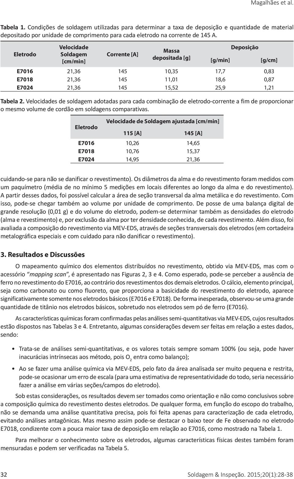 2. Velocidades de soldagem adotadas para cada combinação de eletrodo-corrente a fim de proporcionar o mesmo volume de cordão em soldagens comparativas.