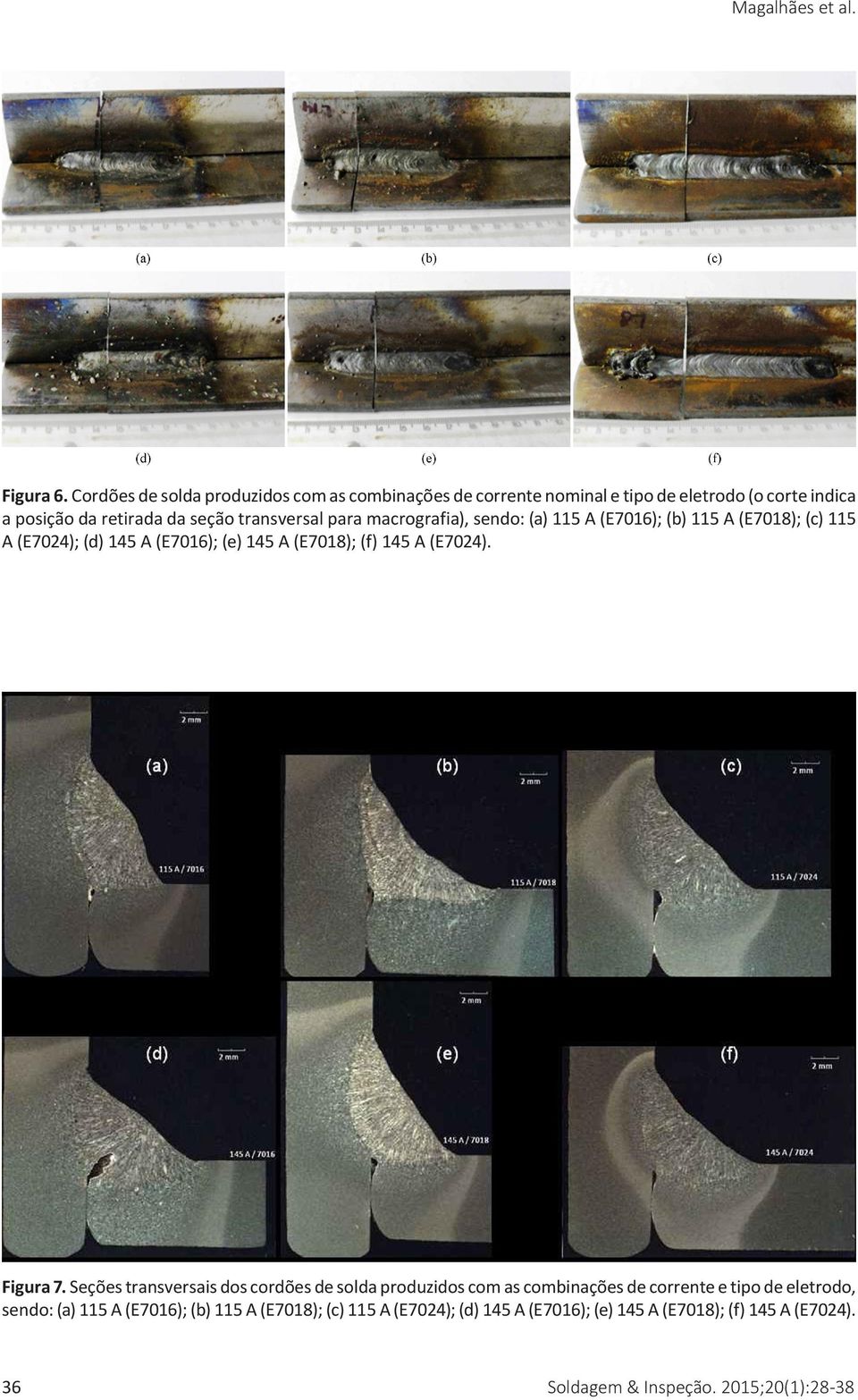 para macrografia), sendo: (a) 115 A (E7016); (b) 115 A (E7018); (c) 115 A (E7024); (d) 145 A (E7016); (e) 145 A (E7018); (f) 145 A (E7024).