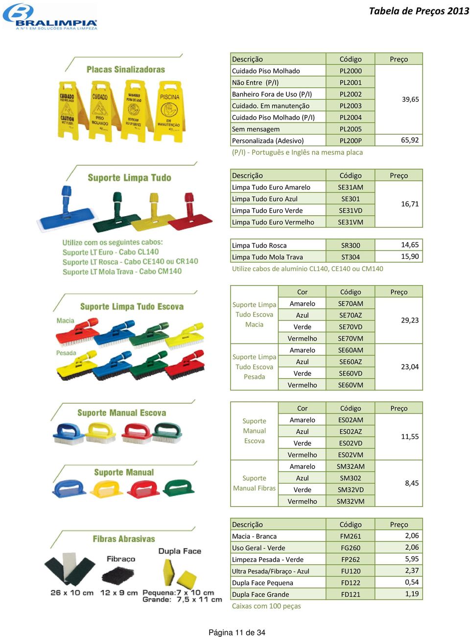 Tudo Euro SE301 Limpa Tudo Euro SE31VD 16,71 Limpa Tudo Euro SE31VM Limpa Tudo Rosca SR300 14,65 Limpa Tudo Mola Trava ST304 15,90 Utilize cabos de alumínio CL140, CE140 ou CM140 Suporte Limpa Tudo