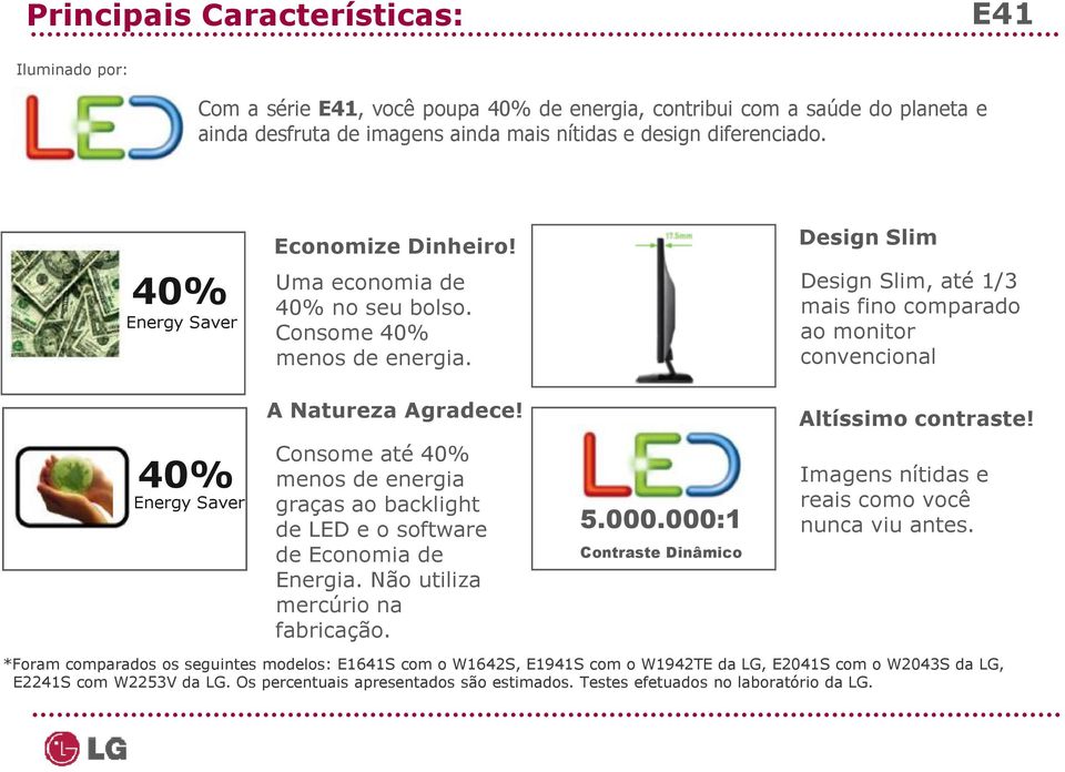 40% Energy Saver Consome até 40% menos de energia graças ao backlight de LED e o software de Economia de Energia. Não utiliza mercúrio na fabricação. 5.000.