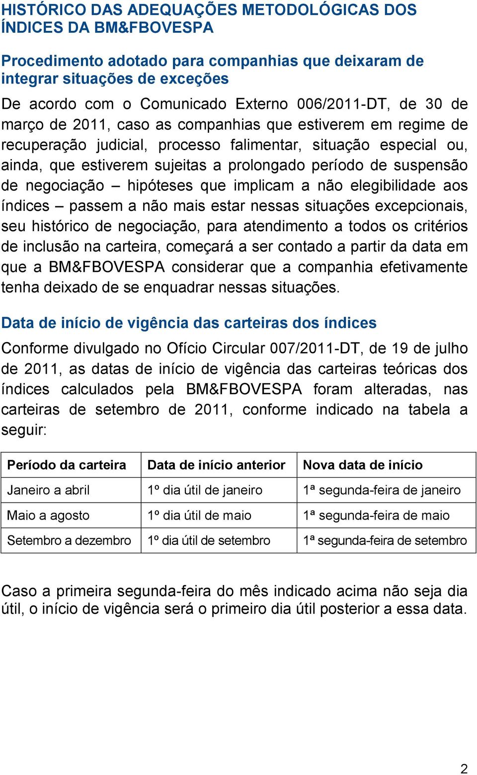 que implicam a não elegibilidade aos índices passem a não mais estar nessas situações excepcionais, seu histórico de negociação, para atendimento a todos os critérios de inclusão na carteira,