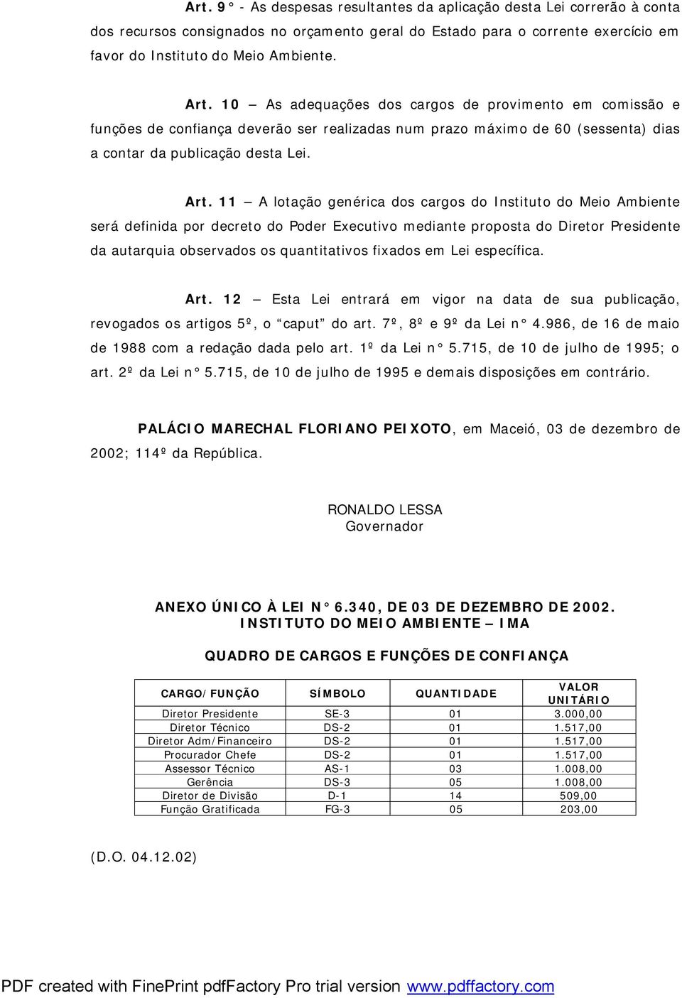 11 A lotação genérica dos cargos do Instituto do Meio Ambiente será definida por decreto do Poder Executivo mediante proposta do Diretor Presidente da autarquia observados os quantitativos fixados em