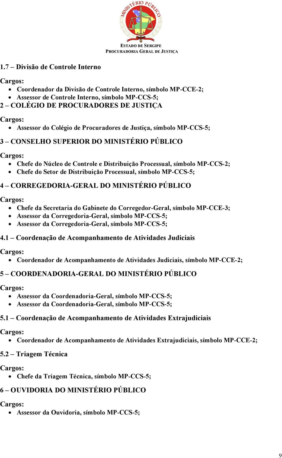 Processual, símbolo MP-CCS-5; 4 CORREGEDORIA-GERAL DO MINISTÉRIO PÚBLICO Chefe da Secretaria do Gabinete do Corregedor-Geral, símbolo MP-CCE-3; Assessor da Corregedoria-Geral, símbolo MP-CCS-5;