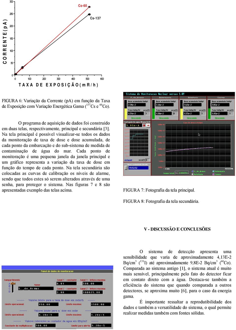 Na tela principal é possível visualizar-se todos os dados da monitoração de taxa de dose e dose acumulada, de cada ponto da embarcação e do sub-sistema de medida de contaminação de água do mar.