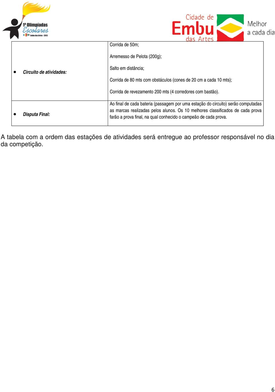 Disputa Final: Ao final de cada bateria (passagem por uma estação do circuito) serão computadas as marcas realizadas pelos alunos.