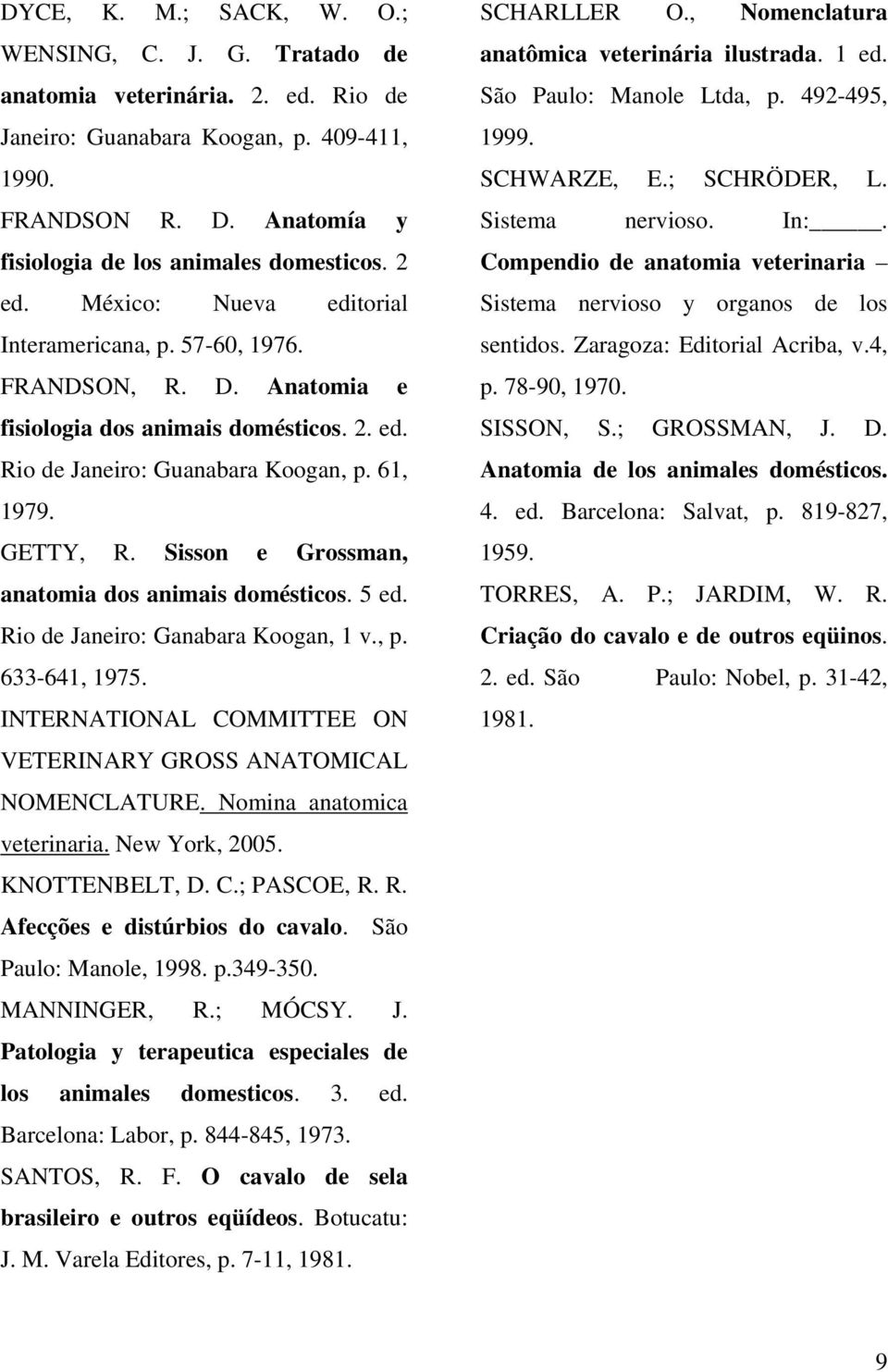 Sisson e Grossman, anatomia dos animais domésticos. 5 ed. Rio de Janeiro: Ganabara Koogan, 1 v., p. 633-641, 1975. INTERNATIONAL COMMITTEE ON VETERINARY GROSS ANATOMICAL NOMENCLATURE.