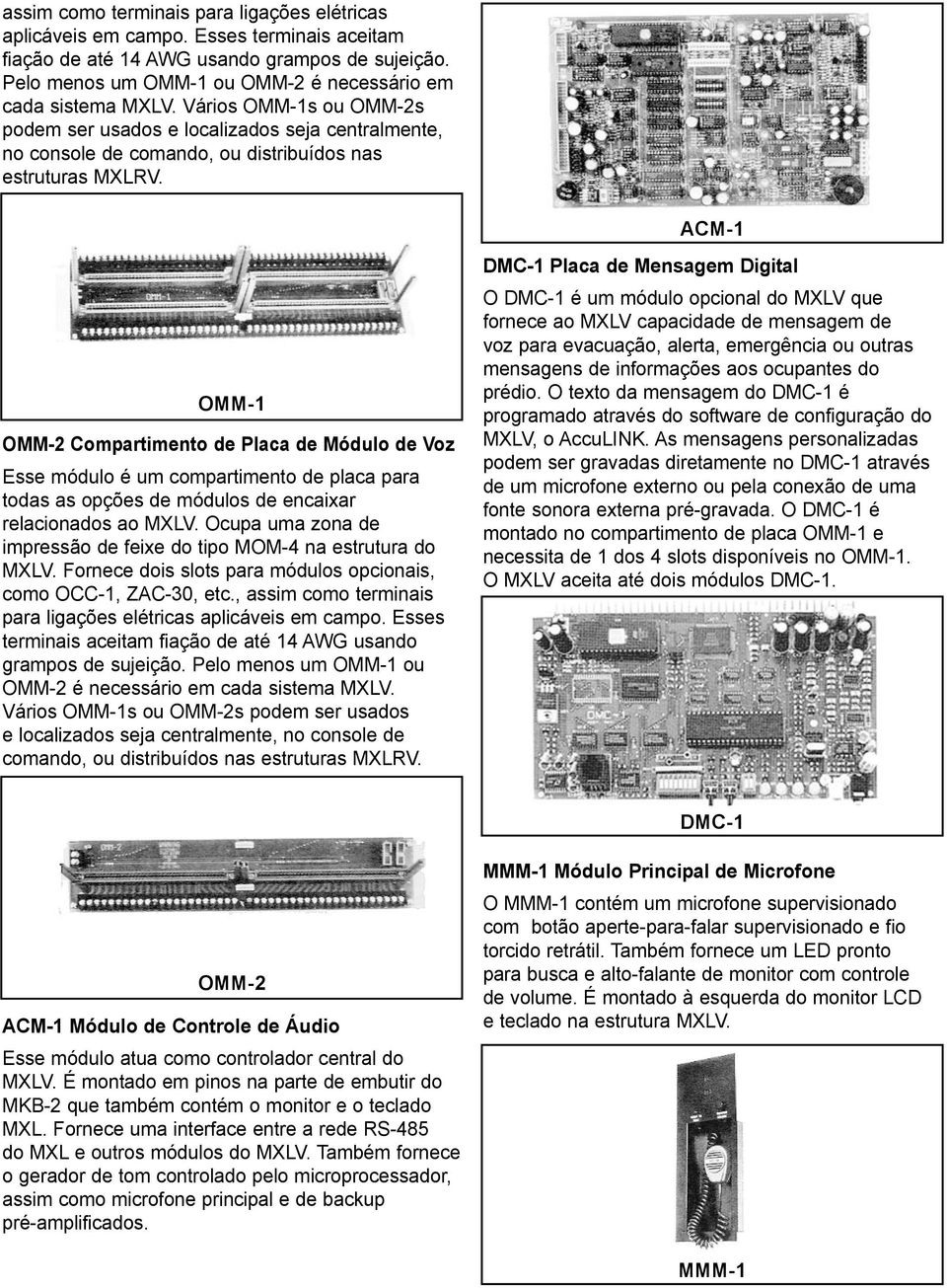 ACM-1 OMM-1 OMM-2 Compartimento de Placa de Módulo de Voz Esse módulo é um compartimento de placa para todas as opções de módulos de encaixar relacionados ao MXLV.