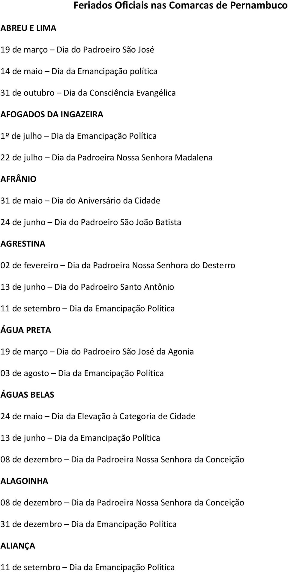 João Batista AGRESTINA 02 de fevereiro Dia da Padroeira Nossa Senhora do Desterro 13 de junho Dia do Padroeiro Santo Antônio ÁGUA PRETA da Agonia 03 de agosto Dia da