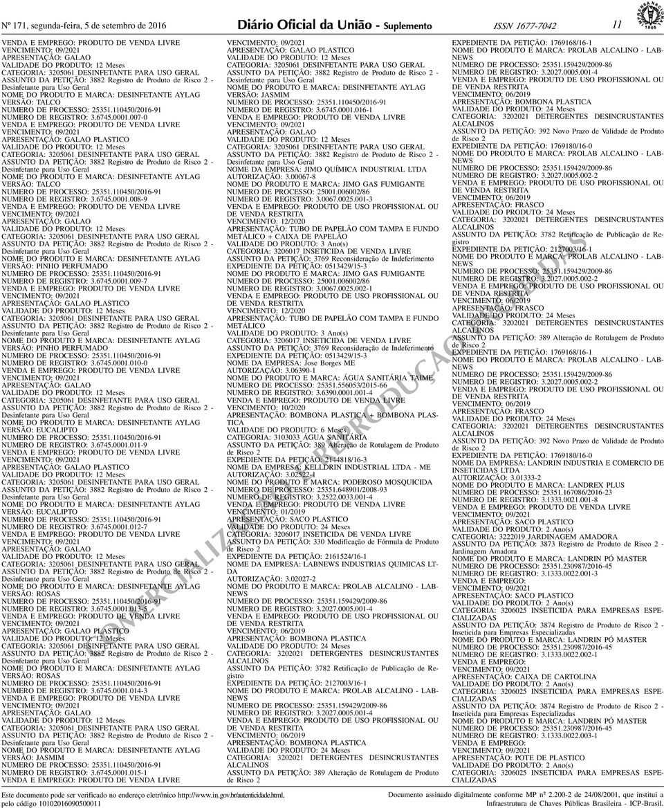 25351110450/2016-91 NUMERO DE REGISTRO: 367450001008-9 APRESENTAÇÃO: GALAO VALIDADE DO PRODUTO: 12 Meses NOME DO PRODUTO E MARCA: DESINFETANTE AYLAG VERSÃO: PINHO PERFUMADO NUMERO DE PROCESSO: