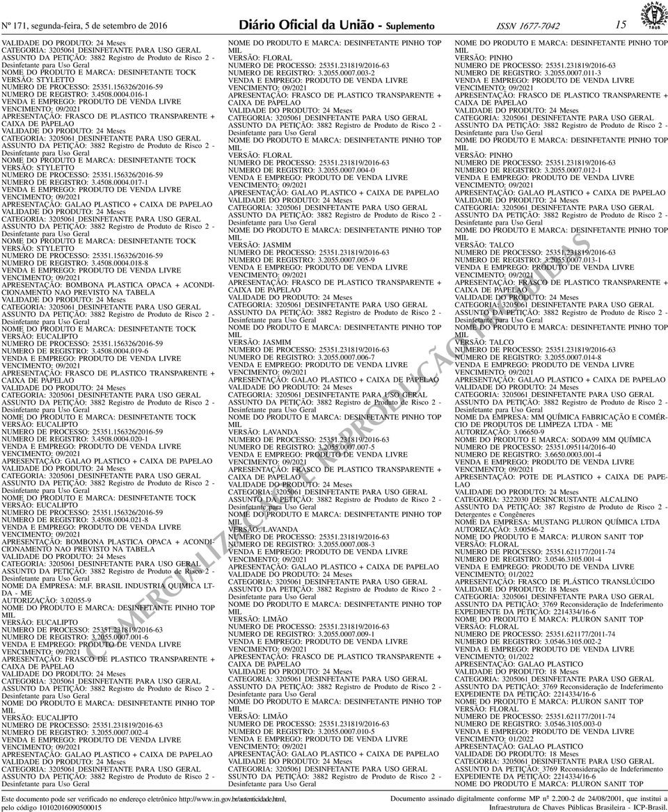 APRESENTAÇÃO: GALAO PLASTICO + CAIXA DE PAPELAO NOME DO PRODUTO E MARCA: DESINFETANTE TOCK VERSÃO: STYLETTO NUMERO DE PROCESSO: 25351156326/2016-59 NUMERO DE REGISTRO: 345080004018-8 APRESENTAÇÃO: