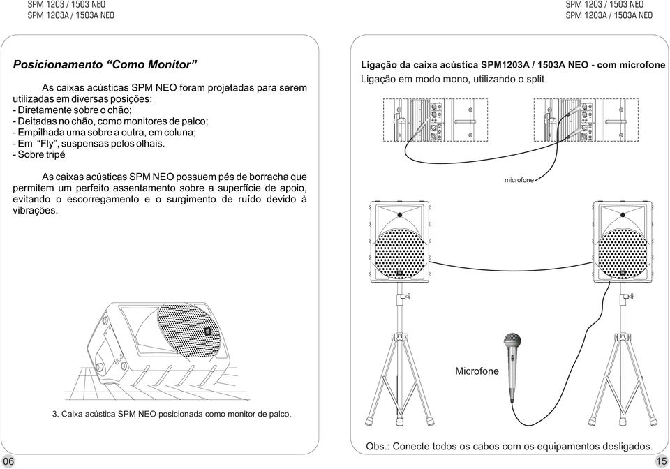 - Sobre tripé As caixas acústicas SPM NEO possuem pés de borracha que permitem um perfeito assentamento sobre a superfície de apoio, evitando o escorregamento e o surgimento de