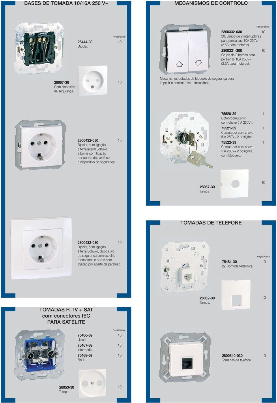 2800432-030 Bipolar, com ligação à terra lateral Schuko e borne com ligaç ão por aperto de parafuso e dispositivo de segurança. 75520-39 1 Botão/comutador com chave 5 A 250V~.