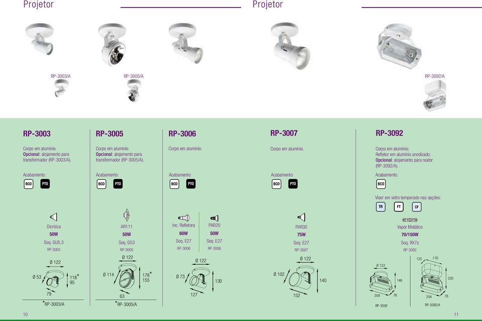 Corpo em alumínio. Refletor em alumínio anodizado; Opcional: alojamento para reator (RP-3092/A). TR CF Dicróica Soq.