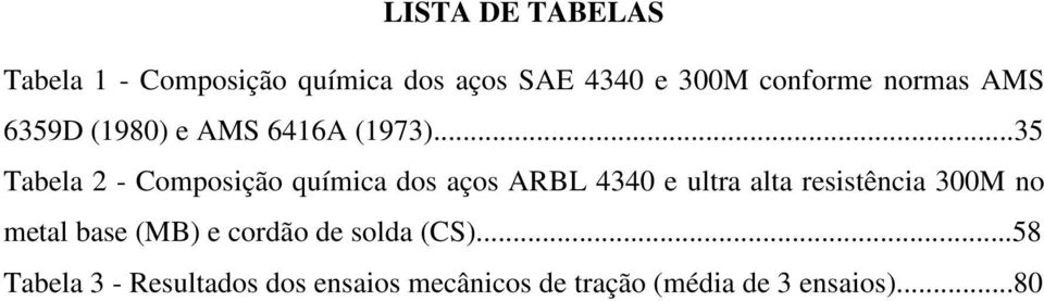 ..35 Tabela 2 - Composição química dos aços ARBL 4340 e ultra alta resistência 300M