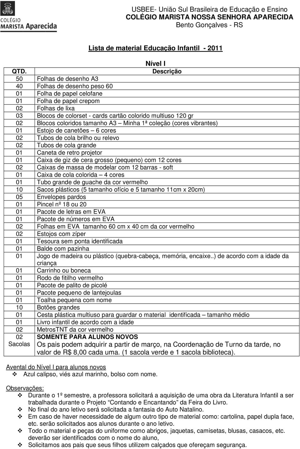 Caneta de retro projetor 01 Caixa de giz de cera grosso (pequeno) com 12 cores 02 Caixas de massa de modelar com 12 barras - soft 01 Caixa de cola colorida 4 cores 01 Tubo grande de guache da cor