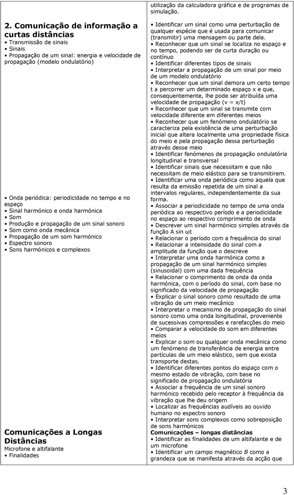 espaço Sinal harmónico e onda harmónica Som Produção e propagação de um sinal sonoro Som como onda mecânica Propagação de um som harmónico Espectro sonoro Sons harmónicos e complexos Comunicações a