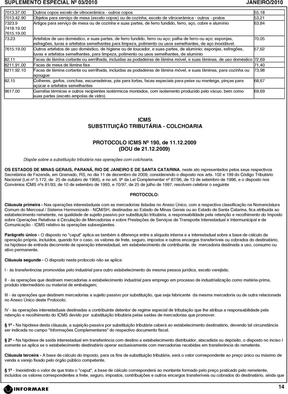 23 Artefatos de uso doméstico, e suas partes, de ferro fundido, ferro ou aço; palha de ferro ou aço; esponjas, 70,05 esfregões, luvas e artefatos semelhantes para limpeza, polimento ou usos