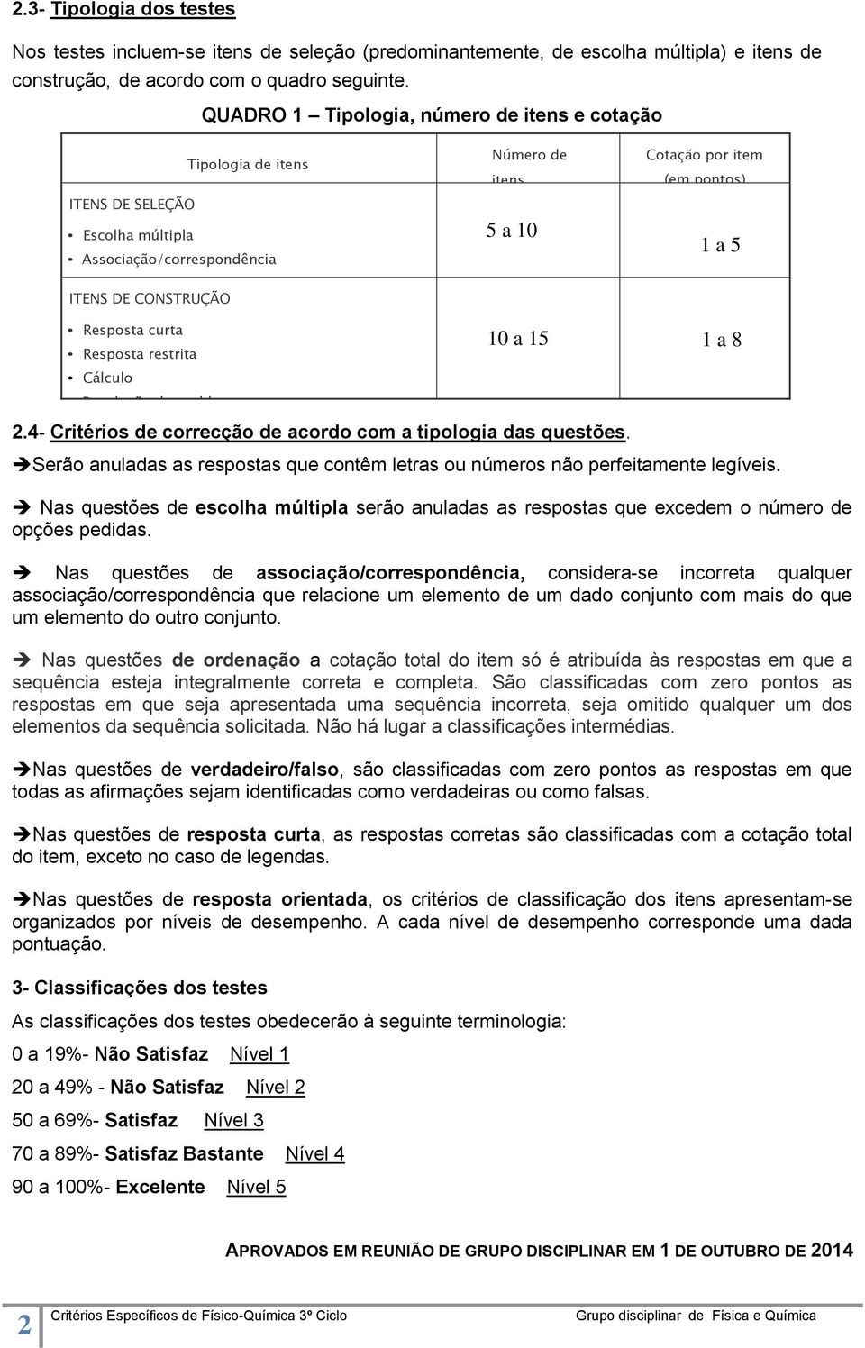 pontos) 1 a 5 Resposta curta Resposta restrita Cálculo Resolução de problemas 10 a 15 1 a 8 2.4- Critérios de correcção de acordo com a tipologia das questões.